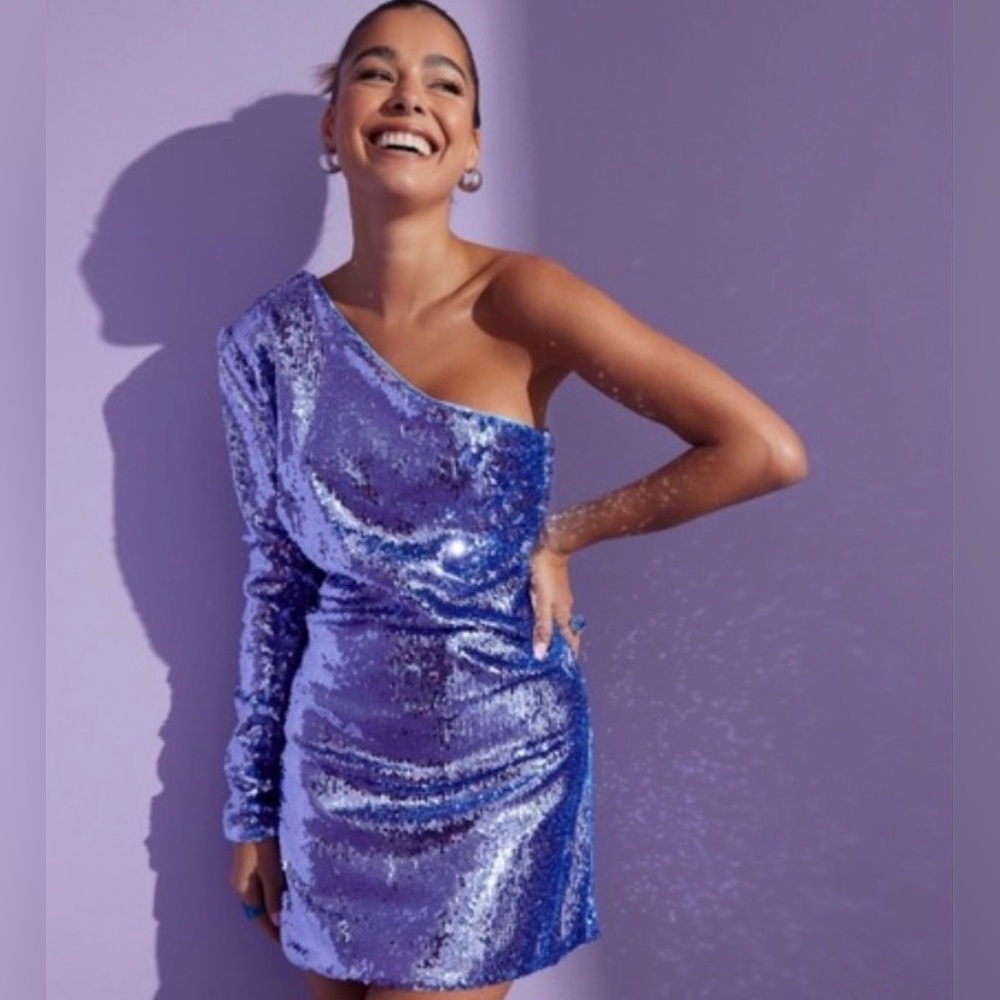 Bardot One Shoulder Sequin Dress in Blue Sequin